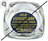 Old Corner Bar, C.M. Hoover, Prop., Continuous Operation Since 1900, Maine and Center Streets, Highways 50 & 95, Fallon, Nevada - Yellow on blue imprint Glass Ashtray