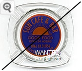 Sun Cafe & Bar, Good Food, Open 24 Hours, Dial CR.3-2156, Lovelock, Nevada - Orange on blue imprint Glass Ashtray