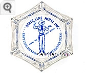 State Line Hotel Inc., East Line Nevada . . . P.O. Wendover, Utah, Where the West Begins - Blue imprint Glass Ashtray