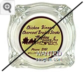 Chicken Dinners, Charcoal Broiled Steaks, Heyday Ranch Inn and Wagon Wheel Bar, Phone 2161, Wellington, Nevada - Brown on yellow imprint Glass Ashtray